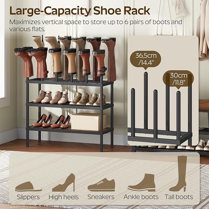 YATINEY Shoe and Boot Rack Organizer, Tall Boots Rack for Closet, Cowboy Shoes Storage, 4 Tier Shoe Racks Organizer Holds 14 Pairs, Black and Rustic Brown SS29BR