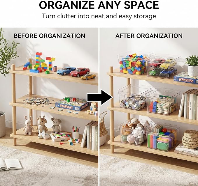 MOONEDGE 6-Pack 10x10x6 Clear Plastic Cube Storage Bins with Handles | Open-Top durable square organizer boxes for closet,pantry,kitchen,fridge,playroom,bathroom,under-sink,vanity organization