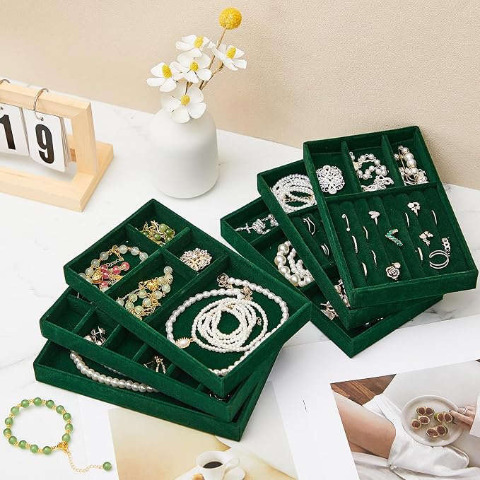 Junkin 18 Pcs Jewelry Drawer Organizer Inserts, Stackable Jewelries Inserts for Dresser Drawers, Drawer Insert Organizers Velvet Jewelry Trays for Rings Earring Bangle Necklace(Dark Green)