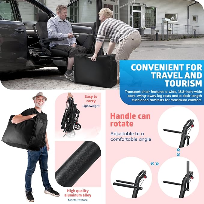 cdar Lightweight Transport Wheelchair, Aluminum Alloy Foldable Wheelchairs for Adults, Portable Transportation Travel Wheelchairs, Outdoor Collapsible Wheelchair with Storage Bag, Bearing 286lbs Black