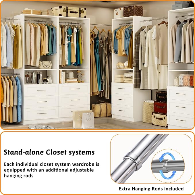 Closet System, 2FT-5FT Closet Organize System with 3 Wooden Drawers, 2 Hanging Rods & Shelf, Small Walk in Closet System Storage, Modular Closet System, White(2FT)