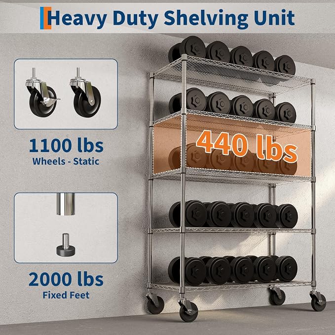 Garvee 5-Tier Metal Shelving with Wheels, Adjustable Storage Shelves Heavy Duty 2000LBS, Chrome Plating Utility Rack NSF Wire Shelving, for Kitchen, Garage, Pantry, Commercial, 47.2" Wx17.7 Dx70.9 H