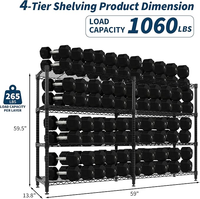 4-Tier Metal Shelving Unit, Heavy Duty Storage Shelves Adjustable Garage Shelf, Easy Assembly, for Basement, Kitchen & Pantry Room Organization, 13.8" D x 60" W x 59.5" H