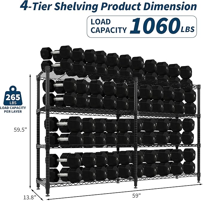 Garvee Metal Storage Shelves 4-Tiers, Standing Garage Shelving Unit 59"W x 13.8"D x 59.5"H, Heavy Duty Wire Shelving Rack Load 1060LBS, Adjustable Storage Shelf for Home Kitchen Pantry Basement(Black)