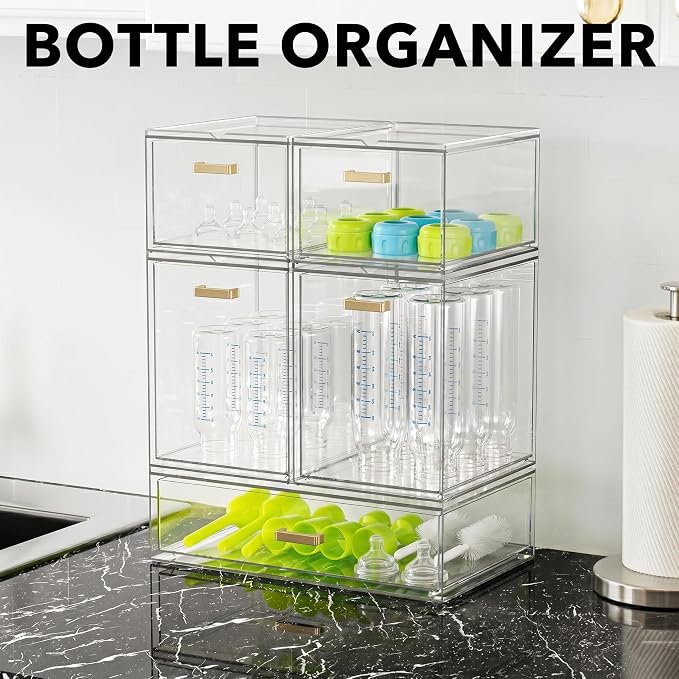 LALOBLUE Stackable Clear Acrylic Drawer Baby Bottle Makeup Organizer | Acrylic, Holds Baby Bottles, Makeup, Cosmetics, Stackable Clear Drawer Organizer, Cabinet and Pantry Organization Bins