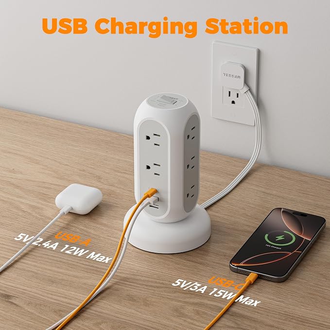 TESSAN Tower Power Strip Flat Plug with 1050J Surge Protection, 5 Ft, Black | 11 Outlets 3 USB (1 USB C), Surge Protector Power Tower, Retractable Extension Cord with Multiple Outlets for Dorm, Office