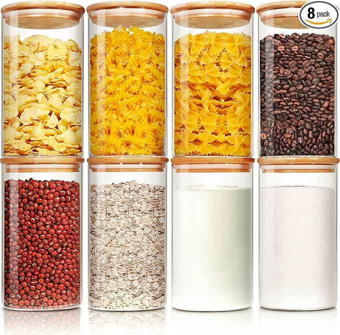 HomArtist Glass Jars with Bamboo Lids 28 floz [Set of 8], Glass Canisters with Airtight Lids, Glass Food Storage Containers for Pasta, Oats, Coffee, Flour, Sugar, Rice, Best for Kitchen & Pantry
