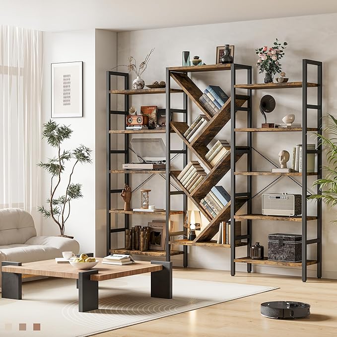 INNOD 70x70 Triple 5 Tier Book Shelf, Large Wooden Bookcase with 17 Open Display Shelf, Modern Tree Bookshelf Metal Frame Tall Book Case Furniture for Living Room Bedroom Home Office Rustic Brown
