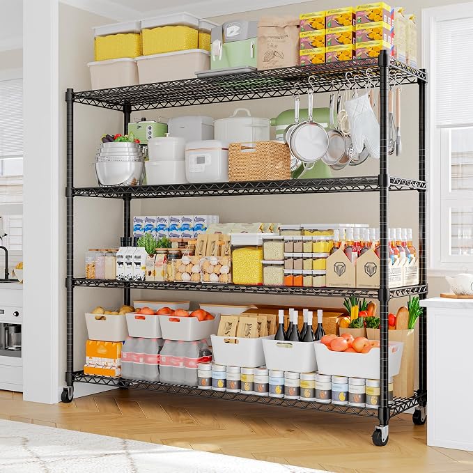 REIBII 2480LBS Capacity Heavy Duty Storage Shelves with Wheels, 1-Inch (25.4mm) Steel Tube, Adjustable Wire Shelving for Garage, Warehouse, Pantry & Commercial Use, 75.6" H x 55.5" W x 24" D