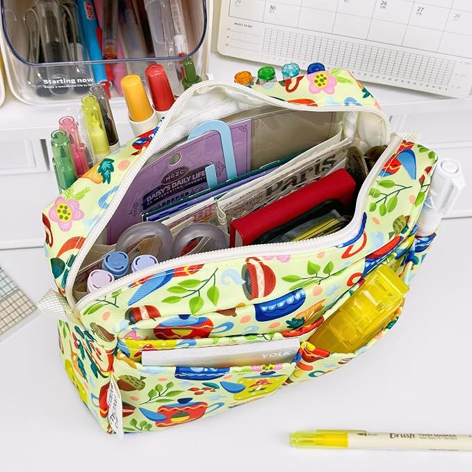 Portfolio Organizer with Multiple Pockets, Waterproof Travel Zippered Cosmetic Bag, Portable Storage Bag for Notebooks, Stationeries, Make-up, Journal Office Art Supplies.Yellow Teapot