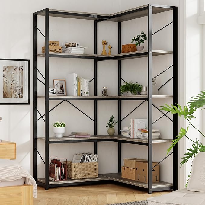 Shintenchi 5 Tier Corner Bookshelf,L Shaped Bookcase,Large Etagere Bookcase,Corner Shelf Display Storage Rack with Metal Frame for Living Room Bedroom Office,Grey