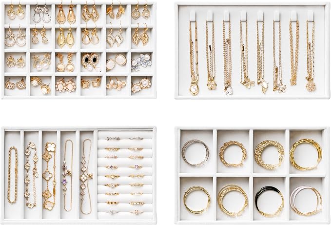 Velvet Jewelry Drawer Organizer Trays – White Stackable Jewelry Storage Inserts Set, 4-Layer Jewelry Tray Set for Earrings, Rings, Necklaces, Bracelets with Removable Dividers for Dresser & Vanity