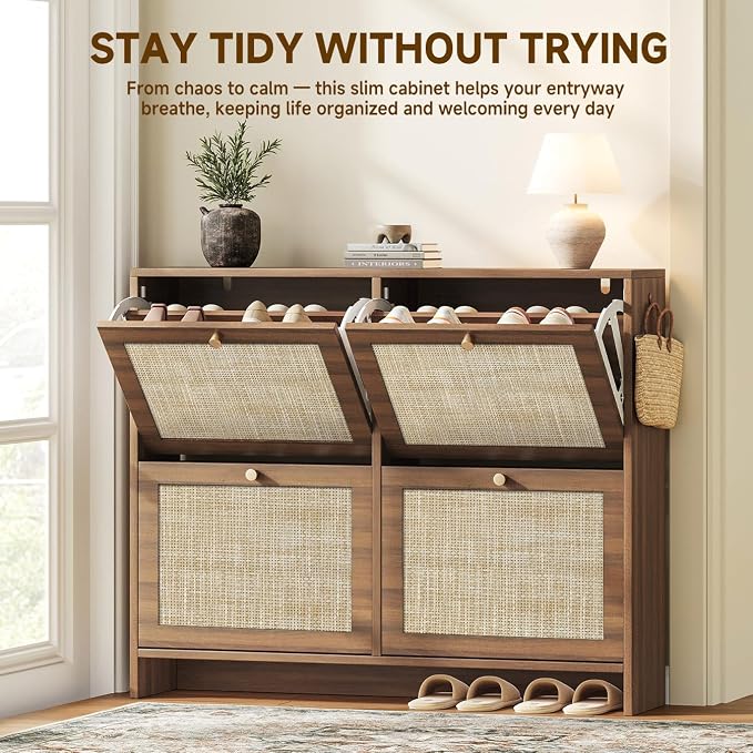Nicetree Shoe Cabinet Storage for Entryway, 4-Flip Drawer Narrow Shoe Rack, Organic Modern Rattan Shoe Organizer, Shoe Organizer Fits Men's Size 13.5, Walnut