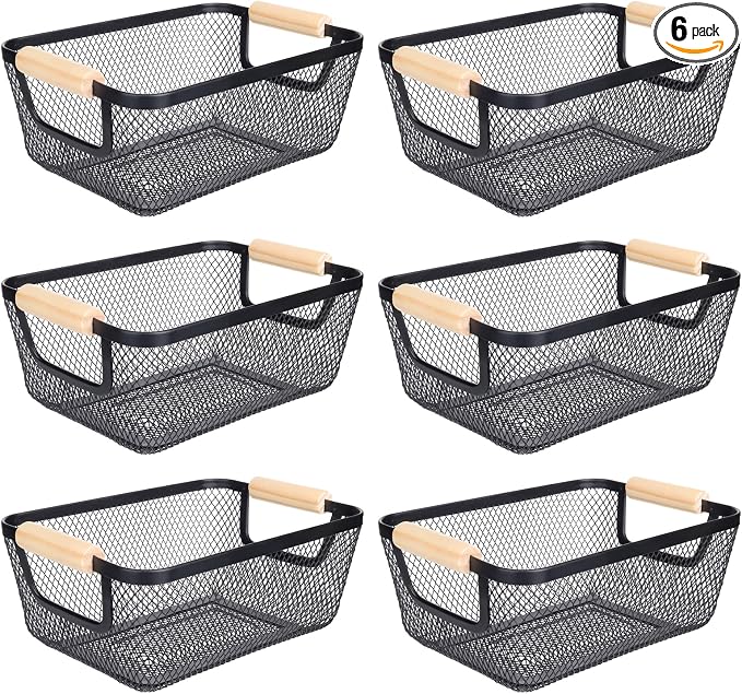 6Pack Black Wire Basket with Wooden Handle, Storage Bins for Pantry, Metal Mesh Basket for Kitchen Organization, Snack Organizer for Home Cabinet Closet Bathroom Fridge Fruit Makeup and Office