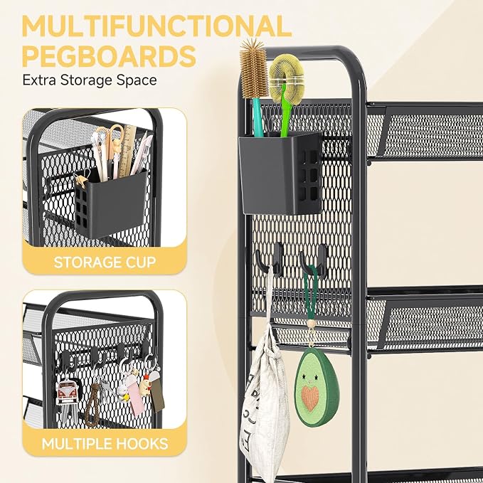 4 Tier Metal Rolling Utility Cart - Heavy Duty Storage Trolley with Pegboard, 4 Hooks & 1 Bin, Mobile Organizer Shelves for Bathroom Kitchen Office Craft Room Laundry, Black