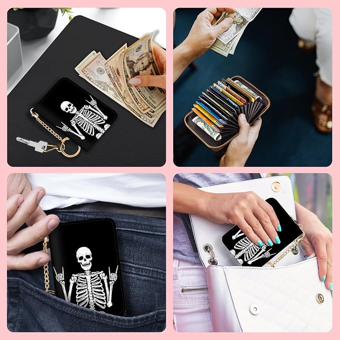 Blusabaca RFID Credit Card Holder Small Women Travel Wallet, Skull Skeleton | Removable Keychain, Case with Zipper, Vegan PU Leather, Cash Coin Pocket, Business Accordion Purse, Ladies Female Gift