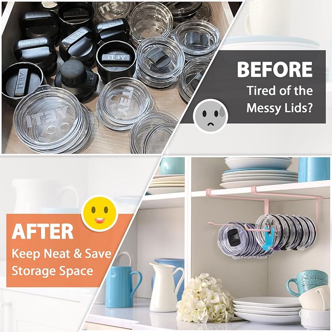 2 Pack Tumbler Lid Organizer, Versatile Storage Holds 20 Lids, Round&Flat | Space Saving Cup Lid Organizers Inside Cabinet Tumbler Lid Hook for Pantry Kitchen Organizer, Paper Towel Rack Hanger, Pink