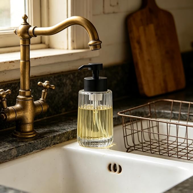 Easy Tang Glass Foaming Soap Dispenser with Black Pump, 12 OZ Vintage-Inspired Modern Glass Refillable Bottle, Hand Soap for Bathroom Countertop and Kitchen