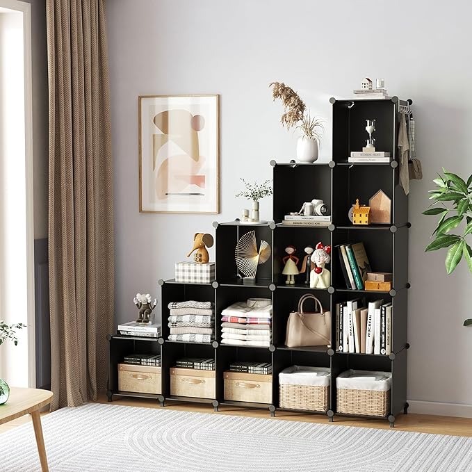AWTATOS Cube Storage Organizer, 16 Cube Closet Organizer, Black | Stackable Storage Cube Shelves, DIY Portable Closet Clothes Organizer, Plastic Shelving for Bedroom, Wardrobe, Bathroom
