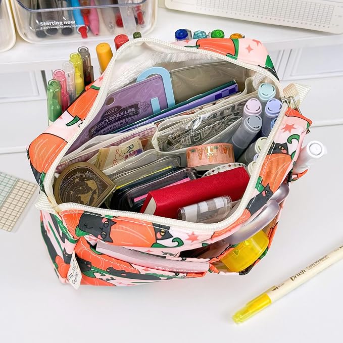 Multiple Pockets Portfolio Organizer with Zippered,Storage Pencil Pouch Bag | Waterproof Travel Toiletry Bag,Portable Pencil Pouch for Notebooks,Stationeries,Make-up,Journal Office Art Supplies,Pumpk cat