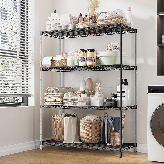 Xcity Storage Shelves, 4 Tier Heavy Duty Metal Shelving Unit with Wheels, 1600 LBS Adjustable Steel Wire Shelf for Commercial, Pantry, Kitchen, Garage, 18" D x 36" W x 60" H, Black