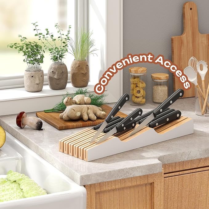 In-Drawer Knife Block Organizer - Bamboo Wood Drawer Knife Organizer-Protecting Knife Organizer Block (Not Included) (White, 11 Knives Dock)