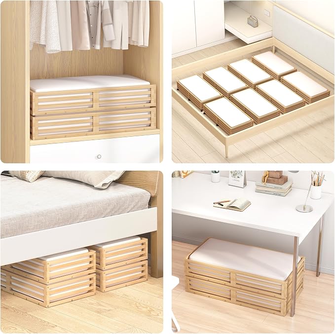 Wisuce 2 Packs Bamboo Under Bed Storage Organizer with Wheels Nature Large | 360° Lockable Wheels,120lbs Load Capacity, Multi-scene ,Dustproof Clear Storage Bag, Large Capacity,Easy Quick Assembly