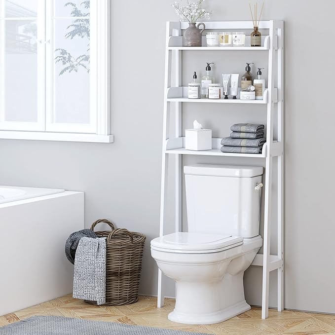 UTEX Over The Toilet Storage Shelf, 3-Tier Bathroom Organizer, White | FSC-Certified MDF, Open Ladder Design, Adjustable Lower Crossbar, Anti-tip Hardware, 33-Inch Clearance, Raised Side Guards