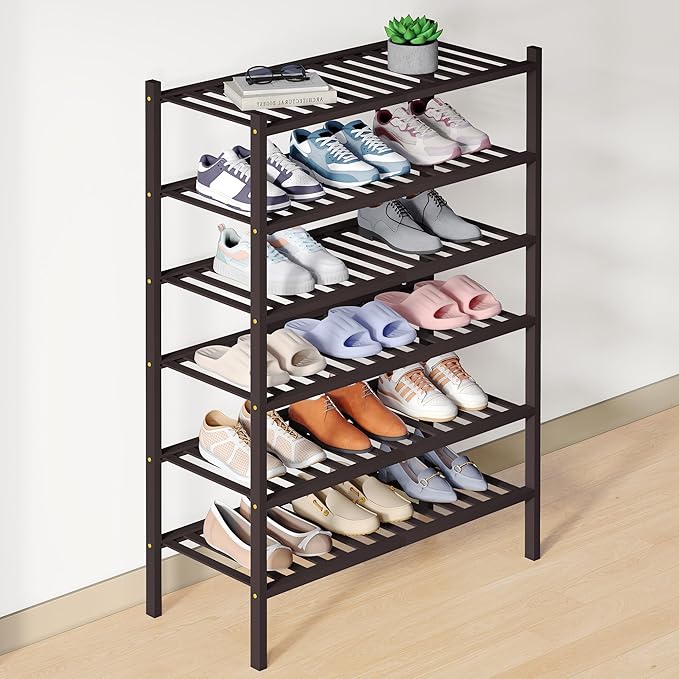 Smiry Bamboo Shoe Rack for Closet, 6 Tier Wooden Shoe Organizer, Stackable Wood Shoe Storage Shelf for Entryway, 14 Vertical Slats, 3+3 Stack Heavy-Duty Legs, 26.77"x11.02"x36.61", Brown