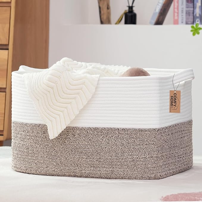 COMFY-HOMI Large Rectangular Blanket, Cotton Rope Woven for Storage, LaundryHamper, Storage,Toy Organizing Bin with Handle, Organizer and Storage-22x15x12-