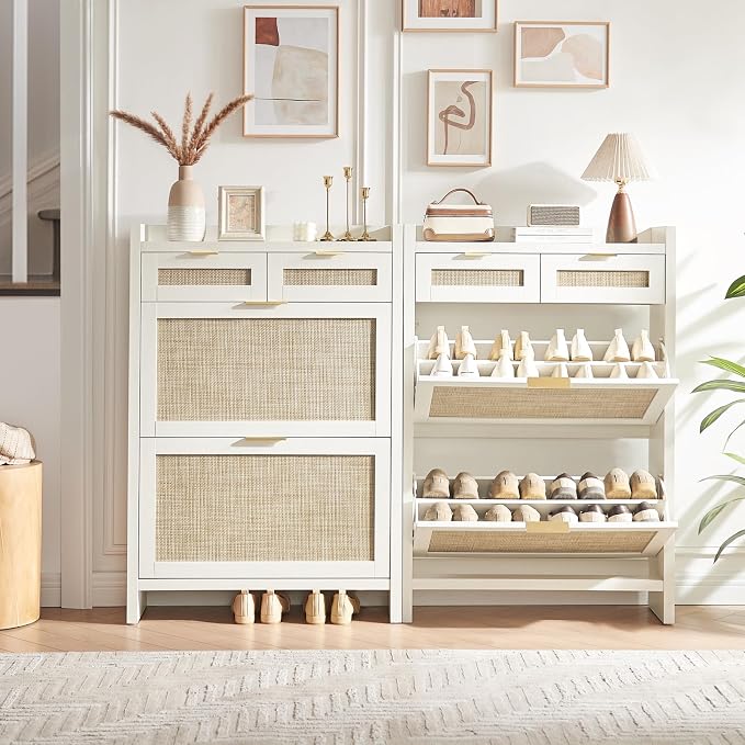 HOKYHOKY Rattan Shoe Storage Cabinet with 2 Drawers & 2 Flip Drawers – Hidden Slim Shoe Organizer for Entryway, Large Tabletop Space, Farmhouse Boho Narrow Shoe Rack, Rustic White