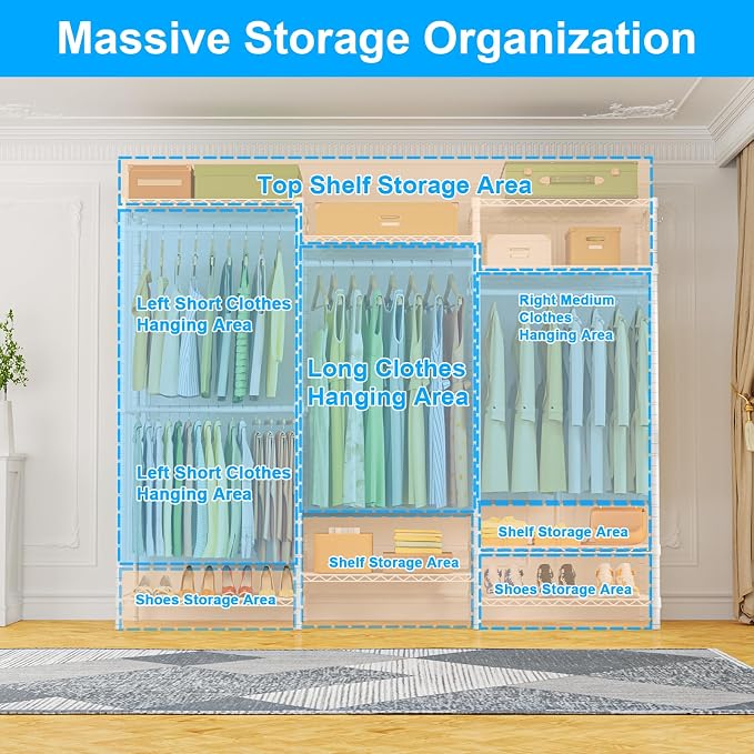 Ulif E13 Heavy Duty Clothes Rack（With 4 Hanger Rods & 8 Shelves） Freestanding Clothing Racks for Hanging Clothes，Adjustable Closet Organizer，Metal Garment Rack 63" W x16 D x77 H，Max Load 900LBS，White