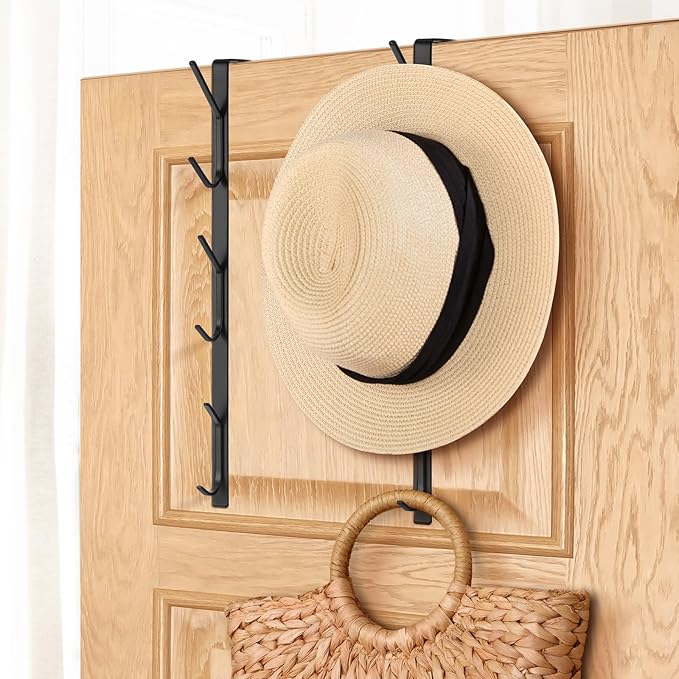 Tandefio 4 Pack 13.8" Over The Door Hook Hanger Comes with 6 Hooks from Large to Small Metal Extra Long Over The Door Hooks Hanger for Hats Rack Coat Scarf Purse Bags Scarf Keys and More (Black)