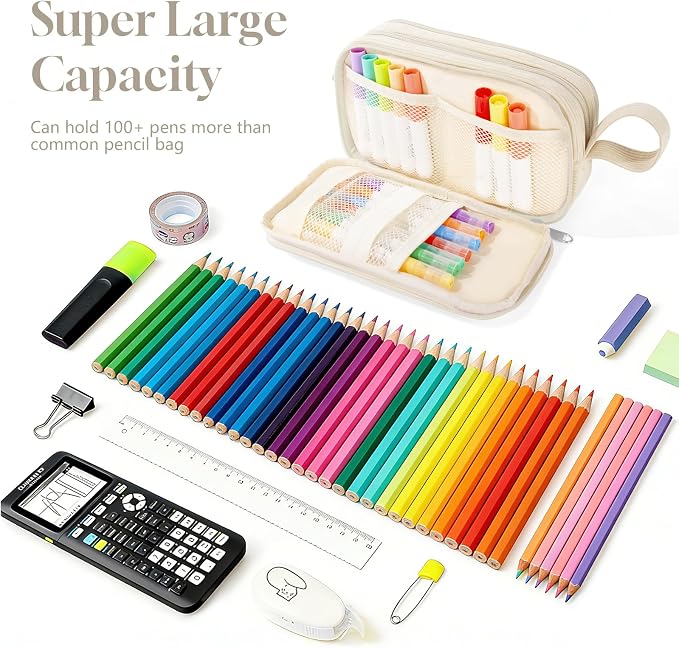 TESAFNG Corduroy Pencil Case, Large Capacity Pencil Pouch with 4 Compartments, Cute Soft Aesthetic Stationery Pen Bag Organizer with Zipper, Portable School Supplies for Teen and Adult Girls, Beige