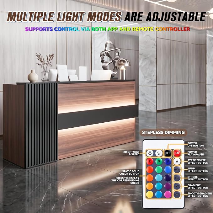 Ceridwen L‑Shaped Reception Desk with LED Ambient Lights & Mobile File Cabinet, Modern Black & Brown Front Desk Reception Counter with Lockable Drawers for Office, Salon & Retail