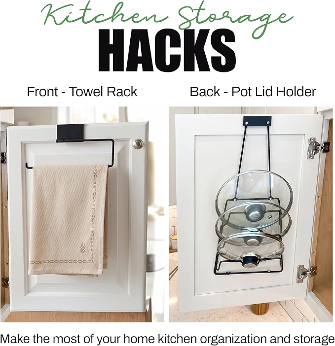 Evelots 2-in-1 Pot Lid Organizer with Towel Holder, 2 Pack, 3-Tier Cabinet Door Organizer, Over-the-Door Pot & Pan Lid Holder Rack for Glass & Metal Lids, Kitchen Storage, Black