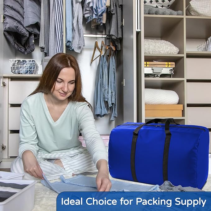 4 Pack 96L Extra Large Moving Bags with Zippers & Carrying Handles for Storage, Packing, Traveling, Camping, Langdry, Big Heavy Duty Moving Totes Bags for Clothes, Supplies and Space Saving Blue