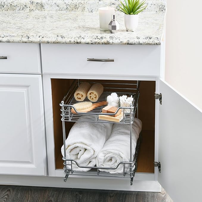 Household Essentials Glidez Multipurpose Chrome-Plated Steel Pull-Out/Slide-Out Storage Organizer for Under Cabinet Use - 2-Tier Design - Fits Standard Size Cabinet or Shelf, Chrome