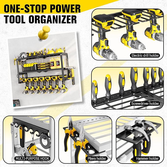 Hipidian Power Tool Organizer Wall Mount- 300lb Heavy Duty 3-Tier Storage Rack with 7 Drill Holders for Garage Tools, Best Birthday Tools Gifts for Men Dad Husband