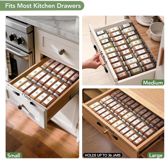 Adjustable 3-Tier Drawer Spice Organizer – Thick Plastic, Non-Slip, Fits 11"-22" Kitchen Drawers, Includes Labels & Funnel (No Jars)