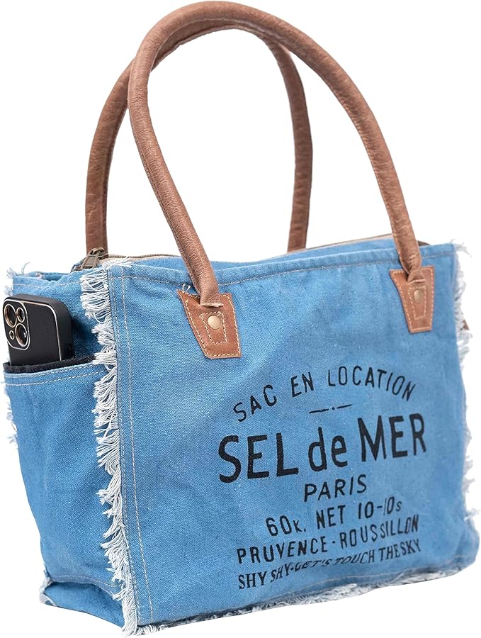 Shy Shy Bags Sel De Mer Canvas & Cowhide Tote Bag - Upcycled Radiant Leather Hand Bag