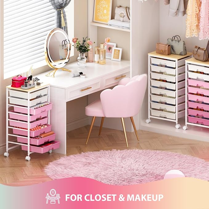 Goovilla Rolling Cart with Drawers, Utility Cart Organizer with 8 Removable Drawers and Wooden Tabletop, Lockable Rolling Storage Organizer for Art, Classroom, Home, Dorm, Office, Craft Storage, Pink