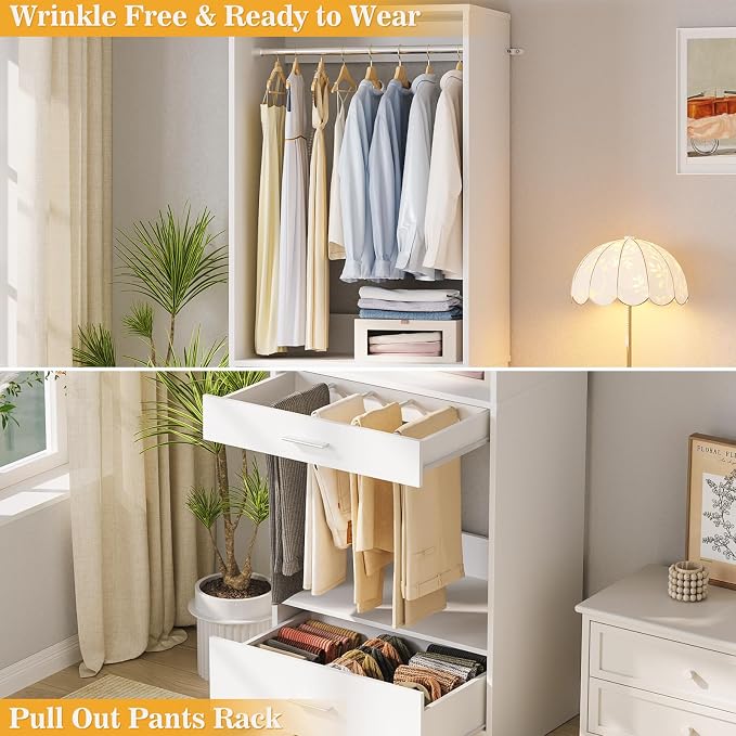 Homieasy Closet System Organizer with Hanging area, Pants Rack & Drawer – Expandable & Sturdy Modular Closet Storage Unit, Customizable Wardrobe Organizer for Bedroom or Walk-In Closet, White