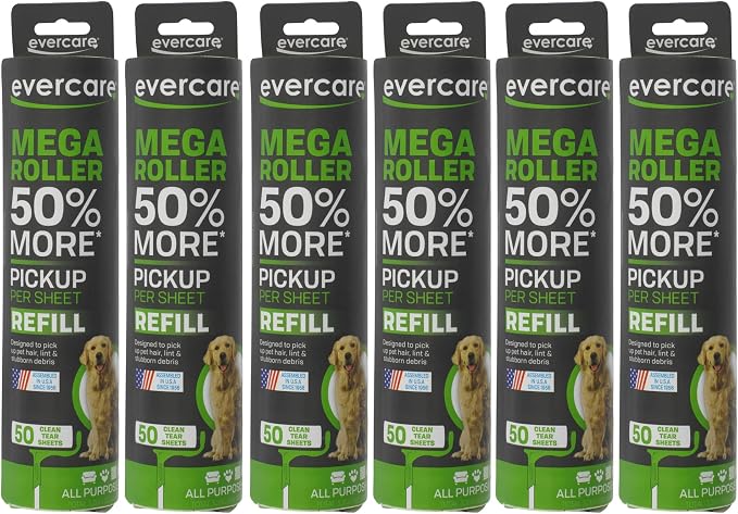 Evercare Pack of 6 10" Wide Large Surface Mega Pet Roller Refill, 50 Sheets Each (300 Sheets Total)