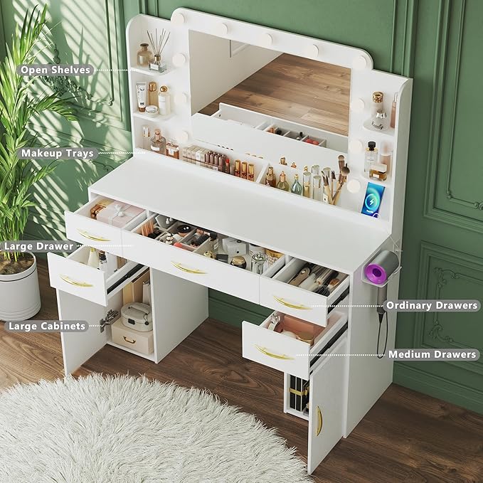 ALEXNUTRE 45.5" Vanity Desk with Mirror and Lights, Makeup Vanity with Lights 3 Models Settings & Power Outlet, Vanity Desk with 5 Drawers, 2 Cabinets, Shelves, Makeup Vanity for Bedroom, White