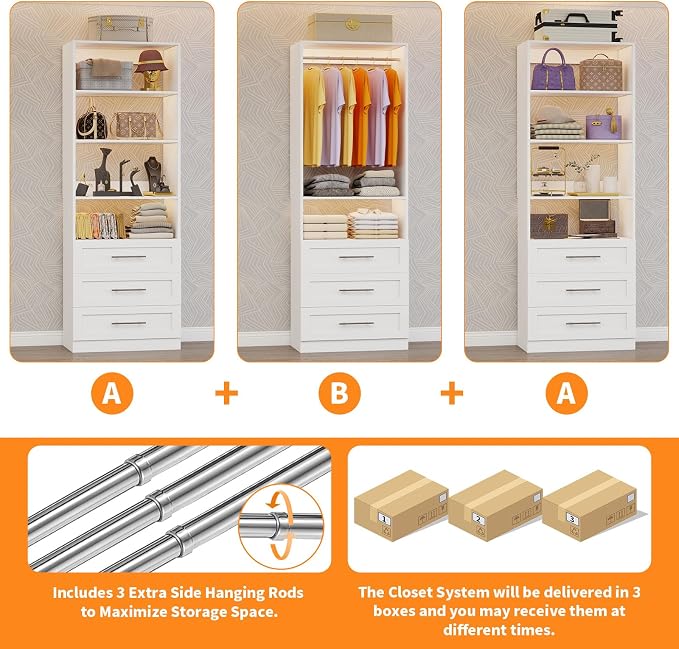 Closet System with 3 Sets, 6–15 FT Closet Organizer System with 9 Drawers, 9 Shelves & 4 Rods, Walk-In Modular Closet System, Custom Built-In Closet Kit, White