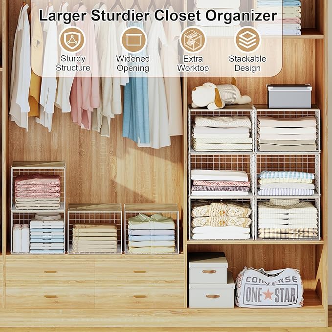 Closet Organizers And Storage Shelf, 3Pack Stackable Closet Storage Bin Basket For Clothes Sweaters With Top Board, Widened Opening, Heightened Height, Large Capacity Sturdy Clothing Storage Organizer