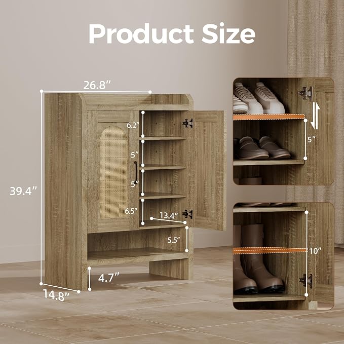 Mericonia 6-Tier Shoe Cabinet Storage for Entryway, Rattan Shoes Organizer Cabinets with Doors, Wooden Shoe Rack, Farmhouse Boho Wood Storage Cabinet (Natural, 6-Tier)