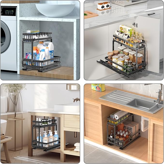 Upgrade Under Sink Organizer for Bathroom Kitchen, 2 Tier Cabiner Slide Out Shelves Basket Stable Carbon Steel Shelf Storage for Home, Laundry Room