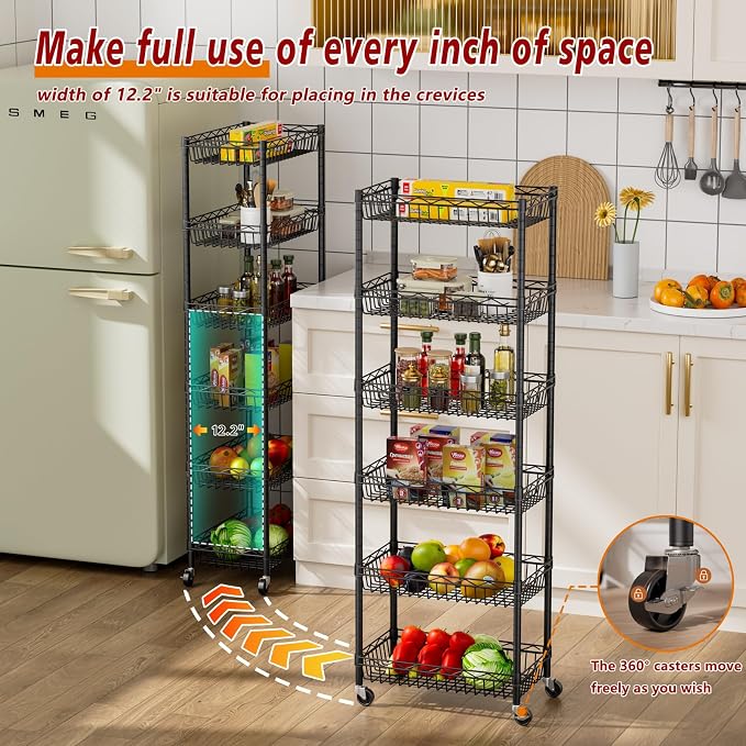Golpart Basket Shelves Closet Rack with Wheels Metal Pantry Wire Shelf Unit | 6 tier Storage Rolling Shelving Bathroom Organizers Kitchen Garage Laundry Room Organization Home 17.2"Dx12.2"Wx63"H Black
